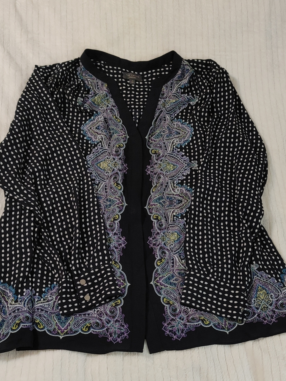 The Limited Paisley Trim Black Women's Long Sleeve Button-down Blouse
